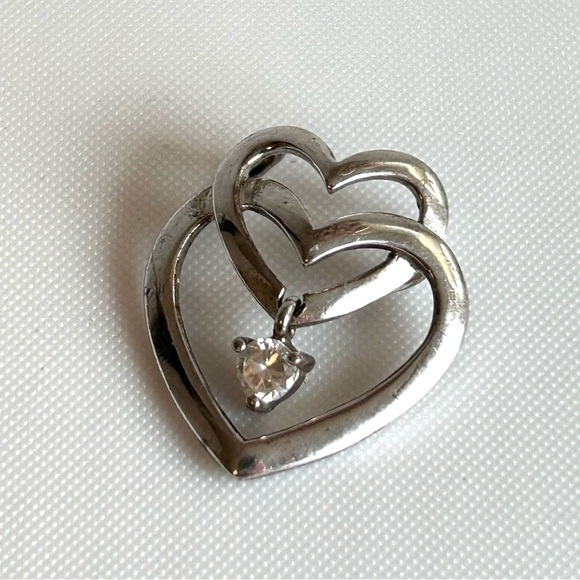 Double Heart 925 Silver Sliding Pendant With Dangling Single Rhinestone - Picture 6 of 7
